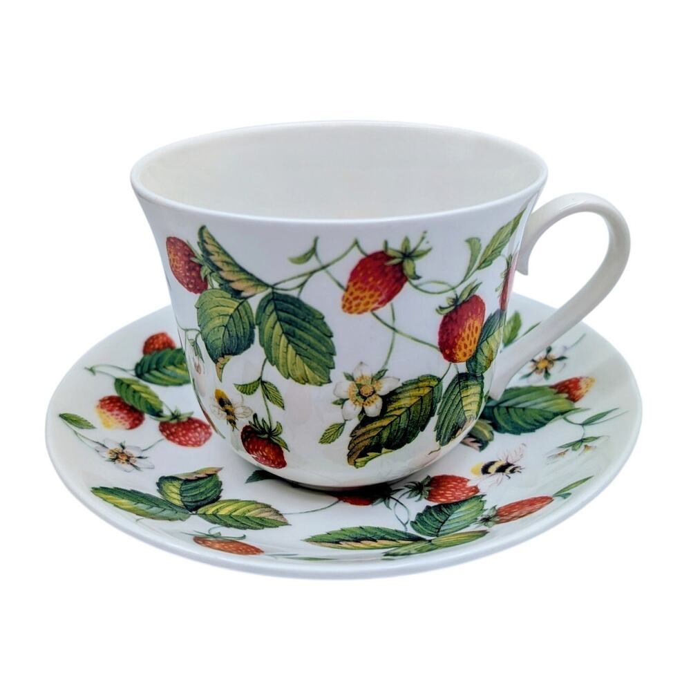 Vtg Roy Kirkham 2000 Alpine Strawberry Bone China Breakfast Cup and Saucer Set